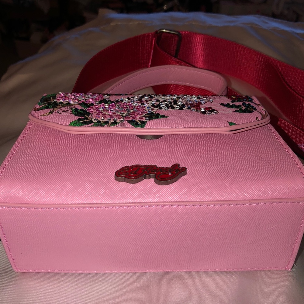 Ed Hardy Pink Multi Faux Leather Top Handle Crossbody Bag Leopard & Floral NWT - Picture 7 of 16